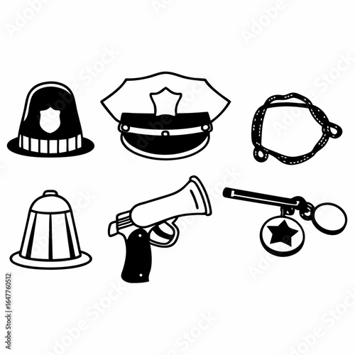 Illustration of police equipment isolated on white background, including hat, gun, handcuffs, and badge
