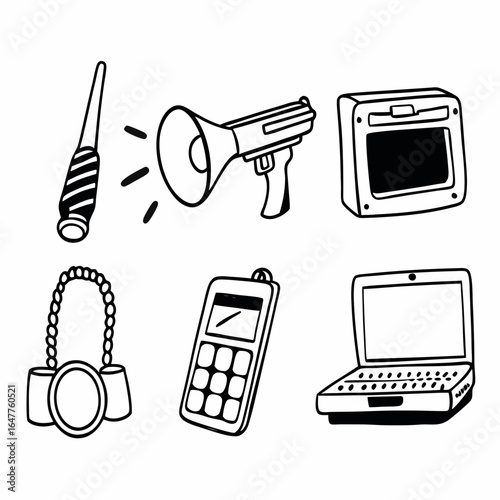 Hand drawn illustration of a megaphone, television, camera, calculator, laptop isolated on white background