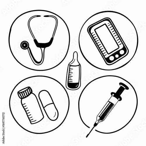Medical equipment and supplies in a circular arrangement isolated on white background, vector illustration