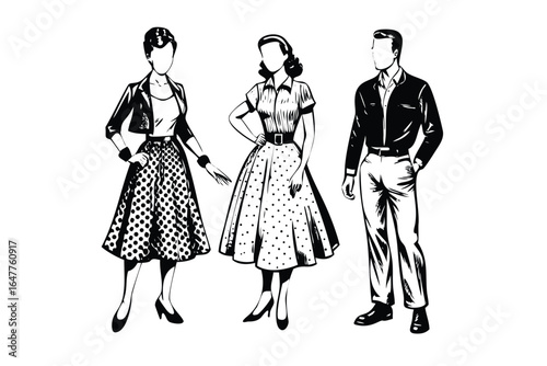 1950s Vintage Fashion Woodcut Vector Set - Retro Style Engraved Illustrations
