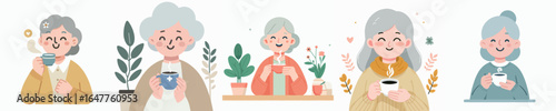 vector of a grandmother drinking coffee in the morning