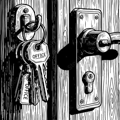 Woodcut illustration of office keys hanging in a lock on a wooden door, next to a doorknob and keyhole. Business access and security.