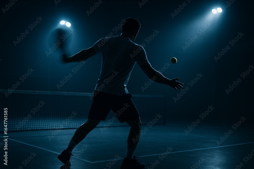 Obraz premium Dynamic padel tennis player striking ball under dramatic stadium lights, capturing athletic focus and intensity