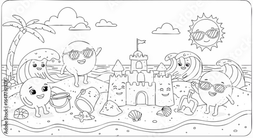 Delightful Summer Beach Fun A charming black and white coloring page illustration featuring happy characters building a sandcastle by ocean waves under a cheerful sun.