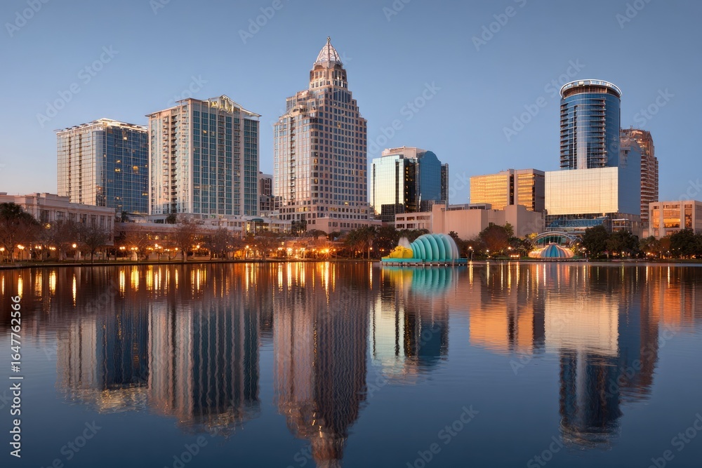 Fototapeta premium City skyline reflected in tranquil water at dawn