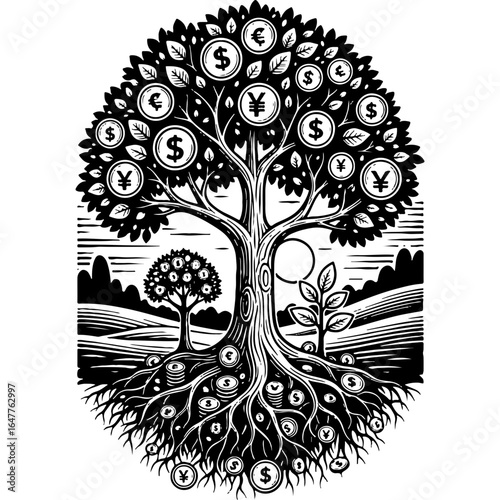 Stylized Black and White Money Tree Illustration with Currency Symbols, Representing Financial Growth, Investment, and Wealth
