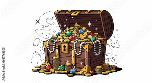 Overflowing Wooden Treasure Chest with Gold Coins, Jewels, and Pearls