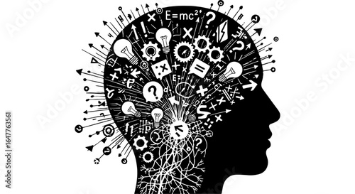 Creative Mind Thinking Process Vector Illustration. Human Head Silhouette with Ideas, Innovation, Knowledge, and Problem Solving Symbols.