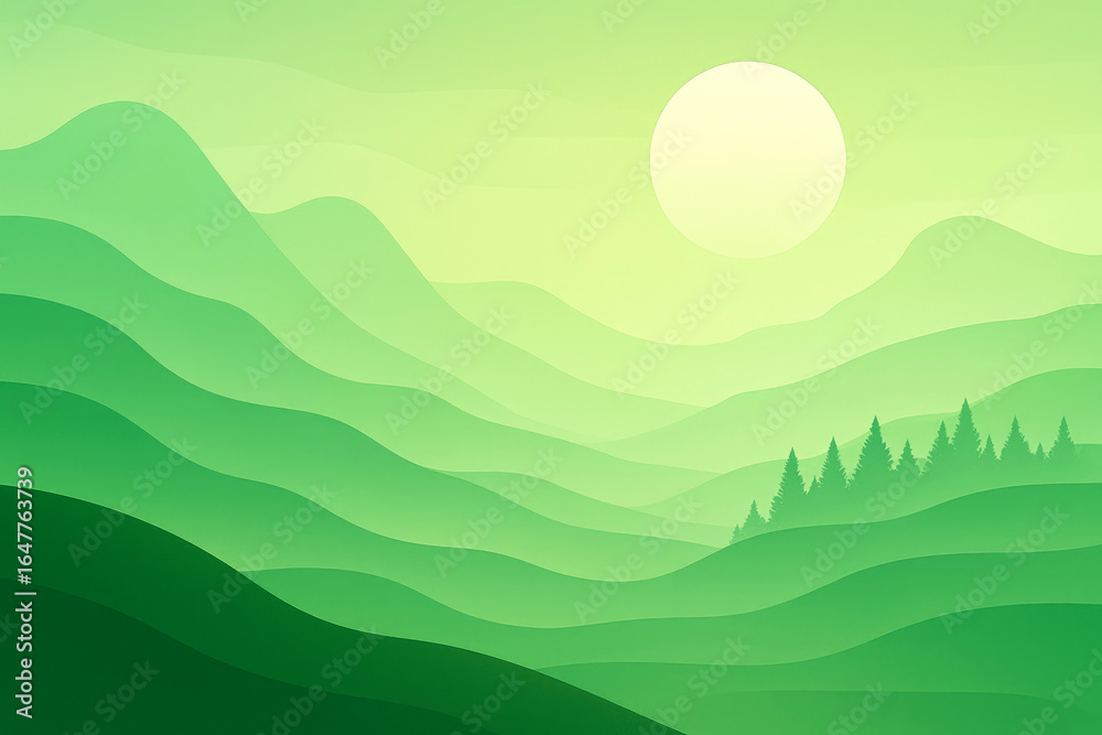 Fototapeta premium Stylized Green Mountain Landscape with Sun and Pine Trees abstract background