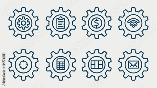 Eight Modern Line Icons: Cogwheels with Business and Technology Symbols; Clean, Minimalist Style; Conceptual Illustration for Workflow, Process, and Strategy.