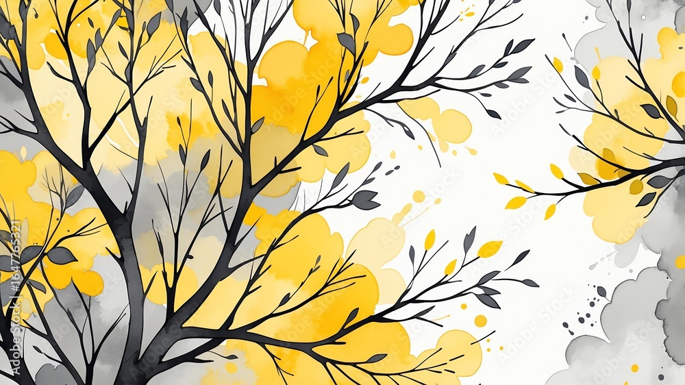 Fototapeta premium Abstract watercolor style art combination of art yellow and gray themed background. Tree branches textured art with sense of colors