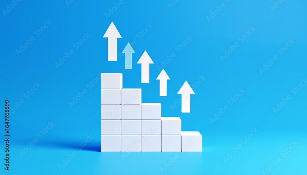 Fototapeta premium Staircase-shaped blocks and an upward-pointing white arrow