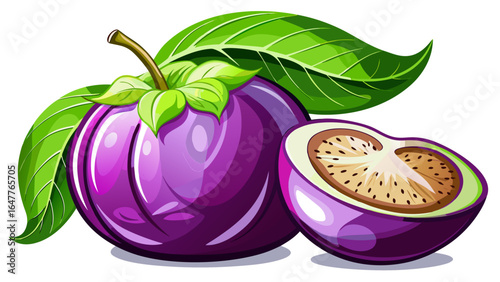 A close-up captures fresh purple fruit paired with glossy green leaves, glowing with natural vibrance against the pure white background, creating a striking contrast of rich colors and delicate textur