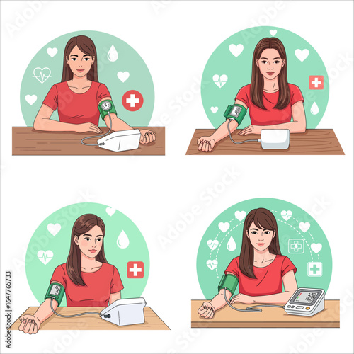 Set of vector illustrations of a woman monitoring her blood pressure at home.