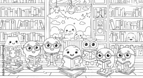 Adorable Bookworm Buddies Coloring Page Cute Characters in a Cozy Library