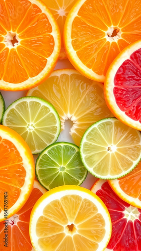 Vertical portrait wallpaper, mobile phone background,, brightly colored slices of citrus fruits, orange, lemon, lime, and grapefruit