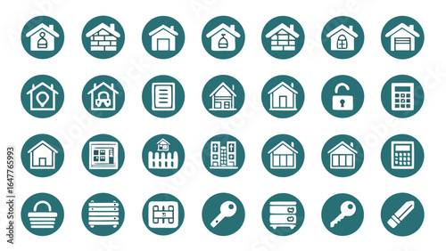 Teal and white hand-drawn house icons; real estate, home ownership, property management, and financial planning concepts;  modern, minimalist style; conveying security and affordability.