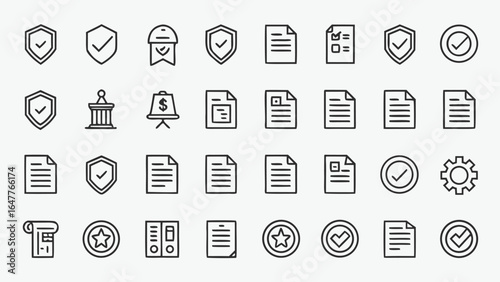 Collection of Modern Line Icons: Documents, Security, Approval, and Business Concepts; Clean, Minimalist Style; Professional and Approachable Mood.