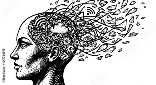 Abstract illustration of a human head with a chaotic mind, gears, wires, and breaking fragments, representing mental stress, anxiety, and digital overload.