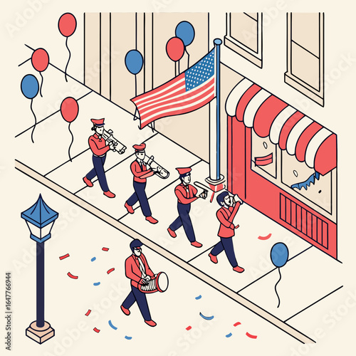 Parade with Musicians and American Flag Celebrating Independence Day on a City Street with Balloons and Confetti
