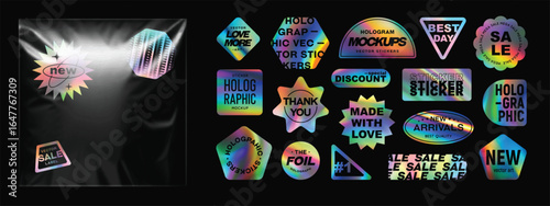 Holographic Sticker Label Pack with Colorful Foil Designs. Transparent Plastic Wrap Bag Mockup.