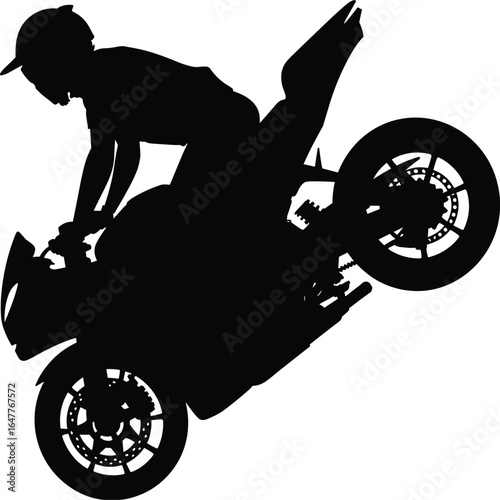 Motorcycle, silhouette, stunt, wheelie, rider, helmet, extreme, sport, jump, action, speed, bike, dynamic, motion, black, white, silhouette art, adrenaline, performance, outdoor