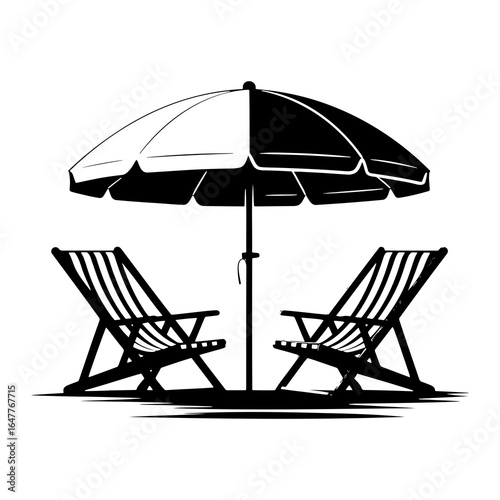 Black and white beach chairs under a striped umbrella outdoor