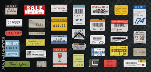 Sticker Price Tag Label with Old Retro Wrap Texture for Sale. Vector set of a Pack of Price Tags for Discount and Promotional Offers