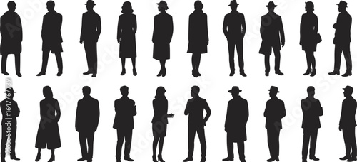 Silhouette, people, standing, pose, fashion, coat, dress, suit, hat, profile, crowd, urban, style, minimal, black, white, posture, character, anonymous, diversity