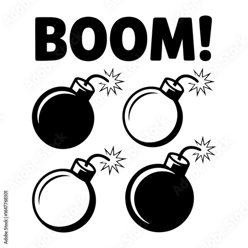 Black bombs with fuses and sparks under the word boom explosion comic
