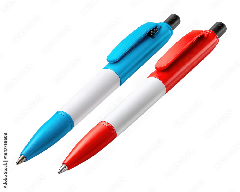 Ballpoint pen plastic pen blue pen red pen white barrel stationery office supply writing instrument cap clip realistic photo Ballpoint pen plastic pen blue pen red pen white barrel stationery office supply writing instrument cap clip realistic photo