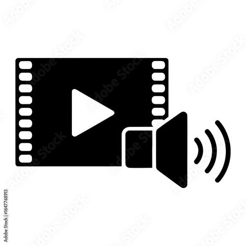 Black film strip with play button and speaker icon audio video