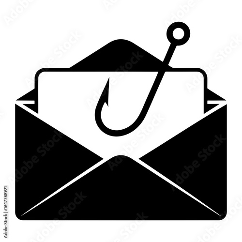 Black fishing hook piercing an open envelope with white paper vector