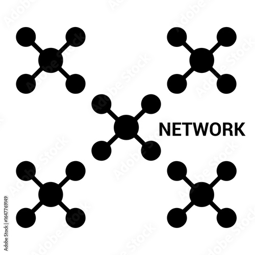 Black interconnected nodes and text on white network connections