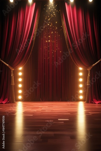 Elegant Theater Stage with Red Curtains and Sparkling Lights for Presentation