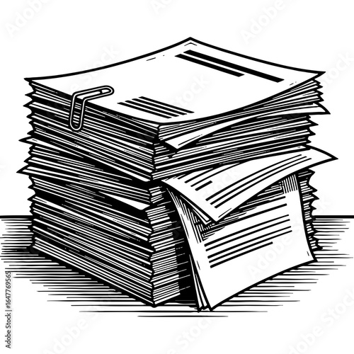 Hand-drawn illustration of a towering stack of papers with a paperclip, symbolizing office bureaucracy, administrative tasks, and document overload.