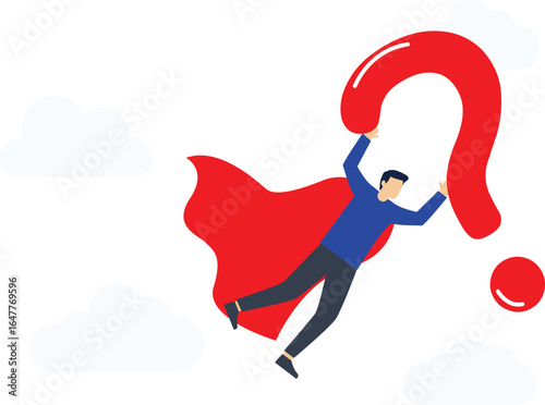 Help overcome problems. Businessman holding a question mark flying in the sky. Vector

