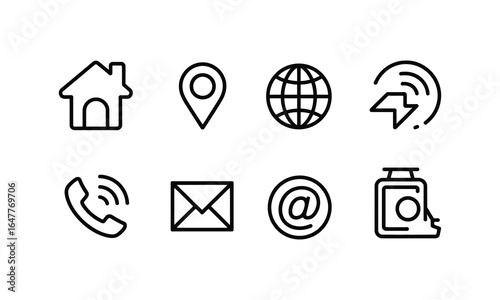 Contact and communication icon set with home map pin globe email phone and social media symbols in outline and solid style for website UI and app design