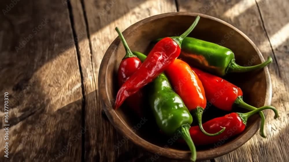 A rustic wooden bowl filled with vibrant red and green chili peppers, sitting on a textured wooden surface, illuminated by soft sunlight, creating a warm and inviting atmosphere