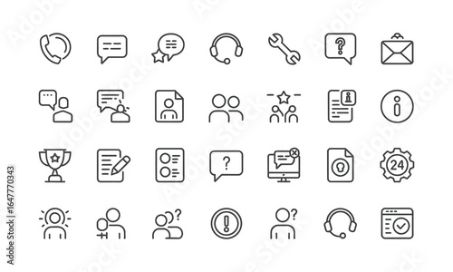 Customer service and support thin line icon set with 30 minimalist symbols including headset speech bubble wrench envelope trophy and settings