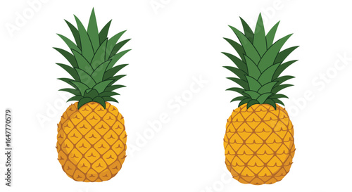 Two yellow pineapples with green leaves on a white background