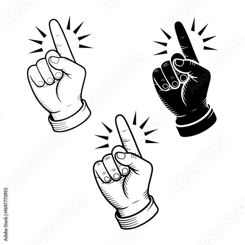 Pointing finger with radiating lines in black and white hand gesture