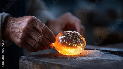 Skilled artisan shaping glowing molten glass on a workbench, showcasing the intricate process of glassmaking and craftsmanship.