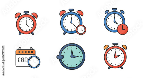 Collection of colorful alarm clocks and calendar icons on white background
