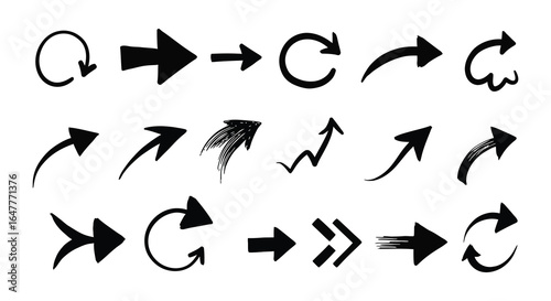 Collection of various black arrows on a white background