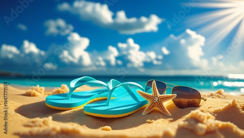 Vibrant blue and yellow flip-flops and stylish sunglasses with a delicate starfish on golden beach sand, sparkling ocean and bright sun overhead, evoking the perfect summer vacation