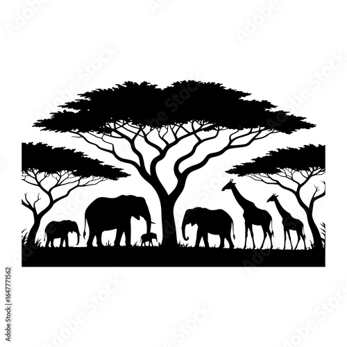 African savanna landscape with elephants and giraffes under acacia trees silhouette