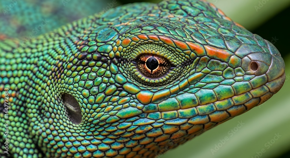 Fototapeta premium Close-Up of Vibrant Green and Blue Chameleon with Detailed Scales and Bright Eye