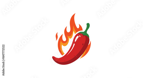 A red chili pepper surrounded by flames on a white background