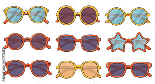 Collection of colorful cartoon sunglasses in various shapes and styles